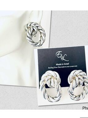 NWT E&L Made in Israel gorgeous Sterling Silver electroform Braided Hoop earring